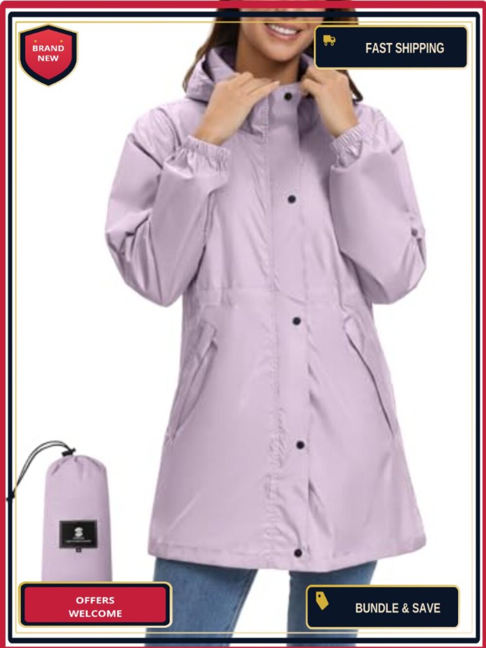 Women's Packable Long Rain Jacket Hooded Waterproof Windbreaker Trench